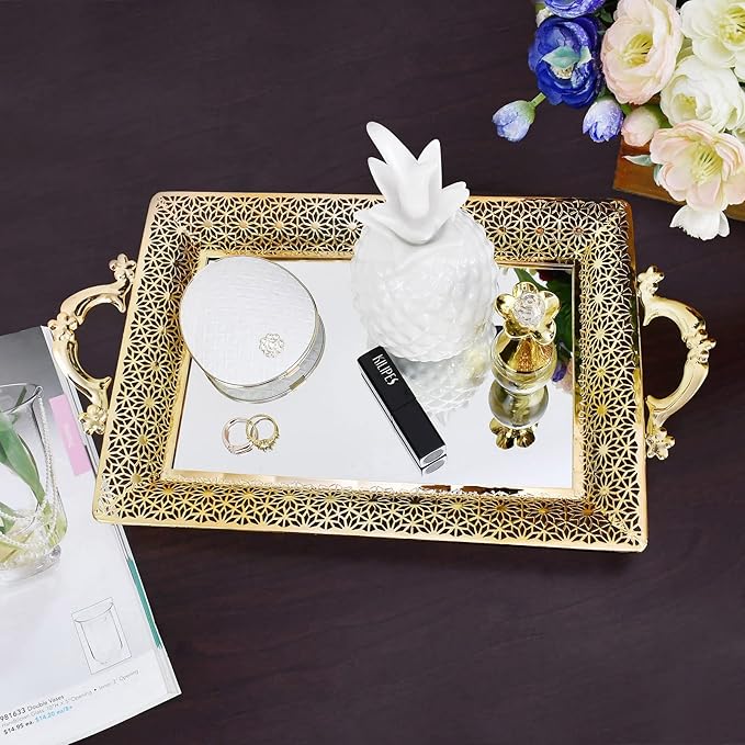 Decorative Glass Mirrored Tray Home Decor Vanity Tray for Dresser Make Up Jewelry Organizer Gold Perfume Tray Rectangle