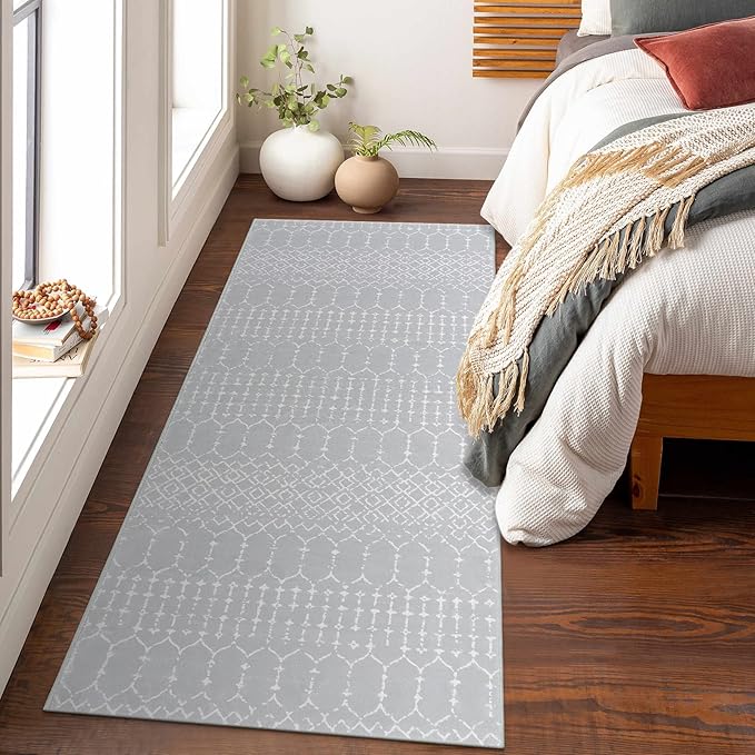 Lahome Moroccan Runners for Hallways 2x6 Washable Non-Slip Carpet Runner Throw Ultra-Thin Kitchen Bedroom Rugs Grey Distressed Print Rug Entrance Bathroom Laundry Room Living Grey/White 2' x 6' Hana