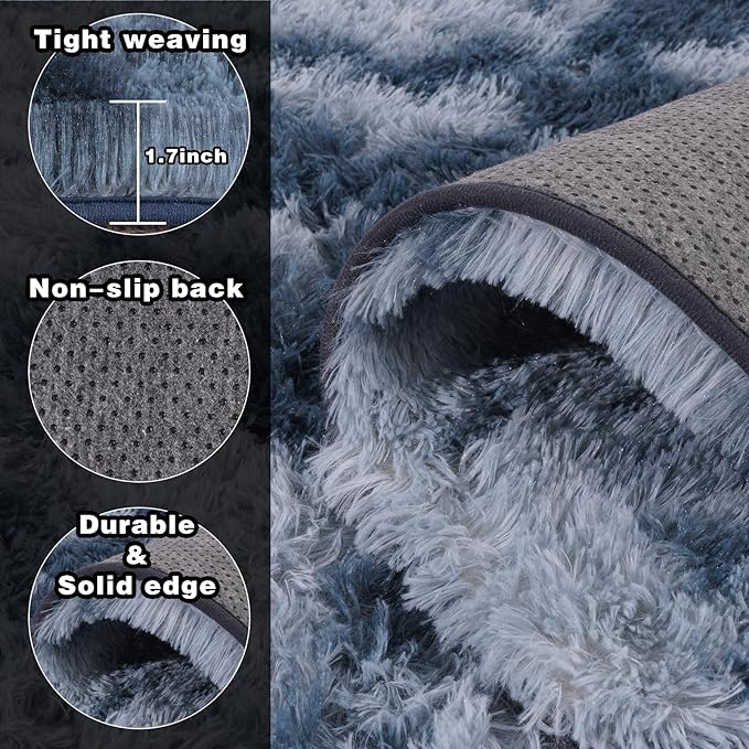 8x10 Area Rugs for Living Room, Ultra Soft Fluffy Large Shaggy Rug Carpet for Bedroom, Non-Slip Fuzzy Plush Rugs for Nursery Boys Girls Kids Room Modern Indoor Home Decor, Tie-Dyed Blue Grey