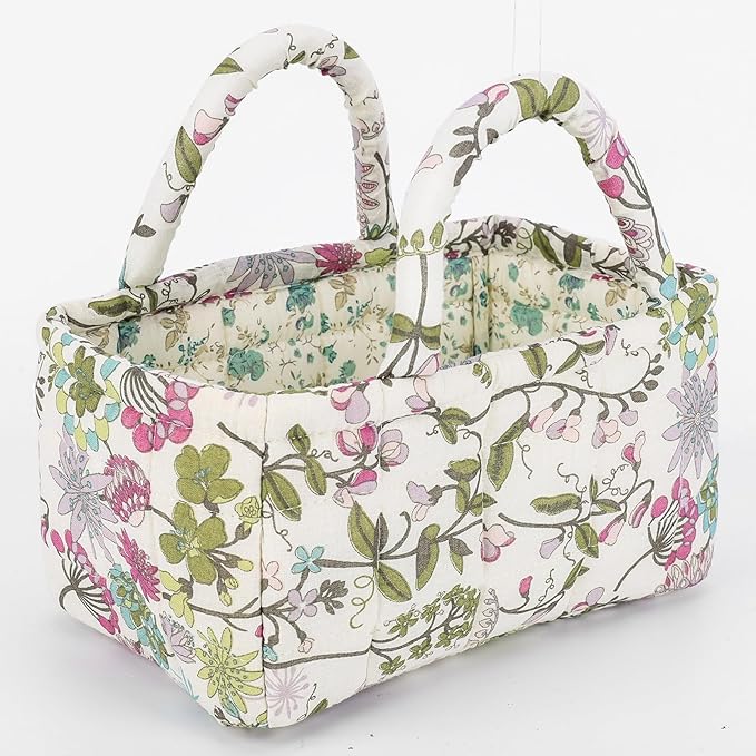 Small Storage Basket Organizer, Mini Quilted Fabric Basket with Handle, Collapsible Storage Bin for Socks, Keys, Diapers