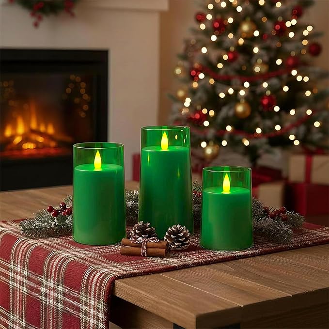 Raycare St. Patrick's Day Flameless Electronic Pillar Candles with Remote Control and Timer- Battery Operated Realistic Flickering LED Fake Candle for Home, Wedding Decor,Green,Set of 3(3"x4"5" 6")