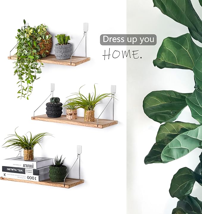 MITIME Floating Shelves Set of 3 Rustic Solid Wood Floating Shelf Wall Storage Shelves for Living Room, Bedroom, Bathroom, Kitchen Laundry, Office,no Drill Shelf(Light Color L+L+L)