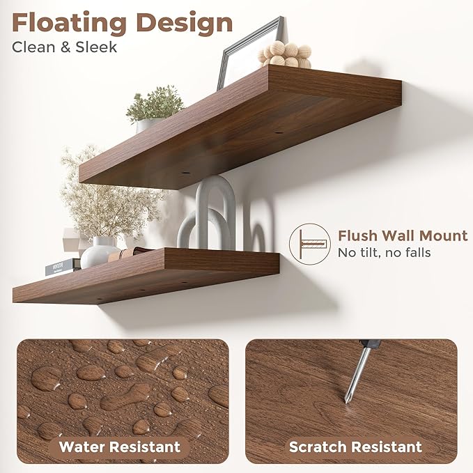 40 Inch Floating Shelves for Wall with Invisible Brackets Set of 2, 9"D Engineered Wood Wall Shelves with Wood Grain for Living Room, Bedroom, Bathroom, Kitchen Decor and Storage, Walnut Finish