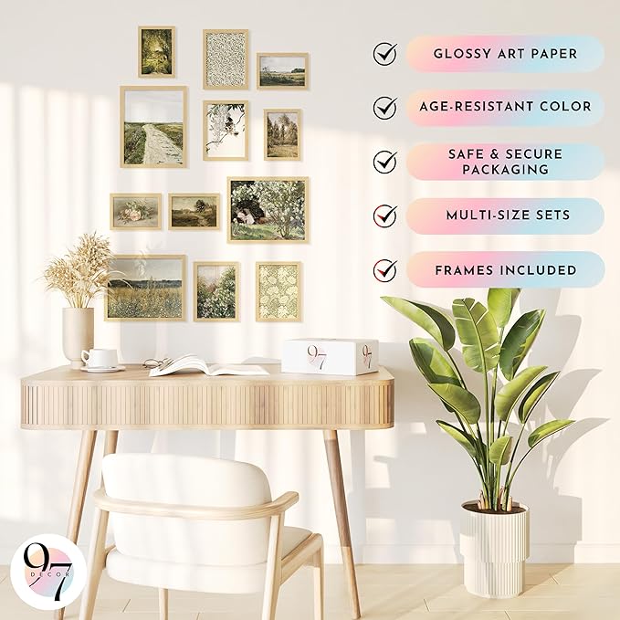 97 Decor Vintage FRAMED Wall Art - Framed Vintage Wall Art Prints, Vintage Posters For Room Aesthetic, Lanscape Prints For Walls Decor, Moody Gallery Pictures Botanical Paintings For Home Bedroom (BEIGE FRAME)