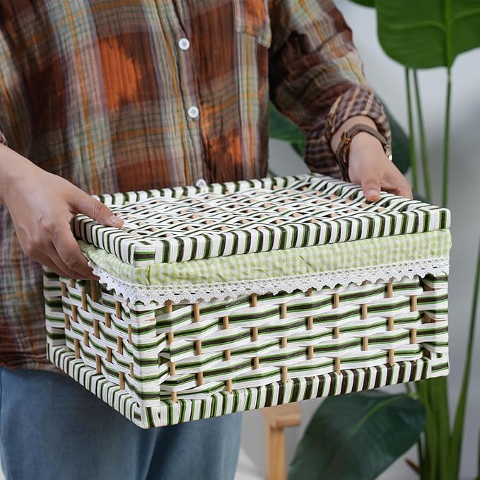 Paper Rope Storage Basket with Lid,Handmade Woven Rustic Green Shelf Basket for Organizing, Decor-Detachable & Washable Lining (Large)