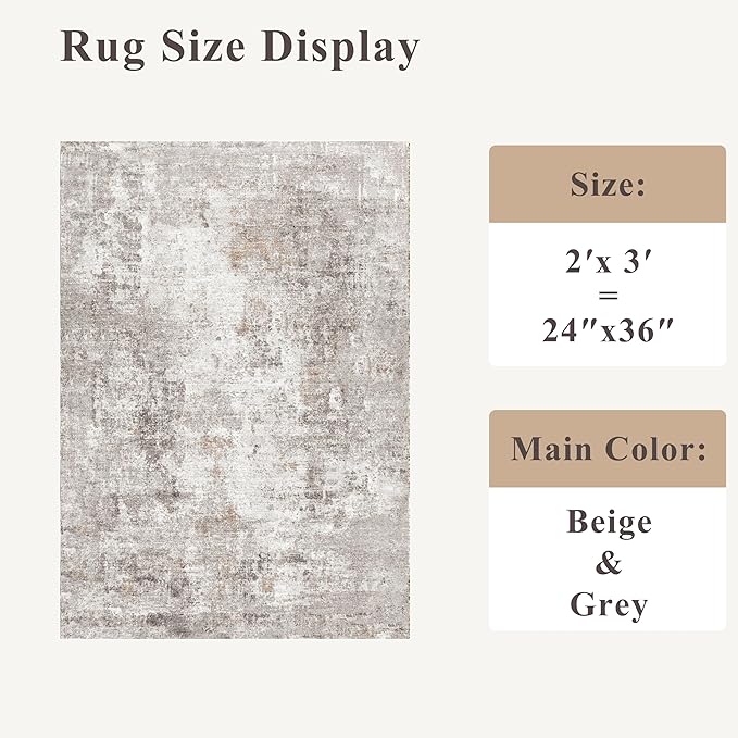 2x3 Washable Non-Slip Area Rug - Soft Low Pile Throw Rug for Kitchen Entryway Bedroom - Modern Indoor Door Mat with Rubber Backing (Beige Grey)