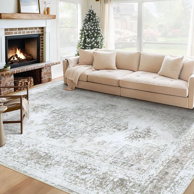 XLUEZ Area Rug 6x9 Living Room Rug, Machine Washable Vintage Distressed Medallion Rug Non-Slip Soft Low Pile Large Indoor Rugs for Bedroom Kitchen Dining Room Office(Taupe,6'x9')