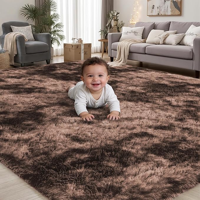 Area Rug for Living Room Bedroom: 6x9 Soft Fluffy Shag Upgrade Non-Slip High Pile Carpet Large Fuzzy Plush Indoor Floor Decor Shaggy Coffe Tie-Dyed Rug for Kid Boys Girls Playroom Nursery Modern Home