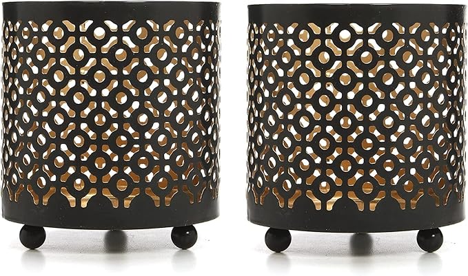 Hosley Set of 2 Black (Gold Inside) Metal Jar Holder Candle Sleeve 4.5" High. Votive, Tea Light Lanterns Ideal Gift for Weddings, Parties, Spa and Aromatherapy O6