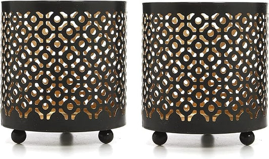 Hosley Set of 2 Black (Gold Inside) Metal Jar Holder Candle Sleeve 4.5" High. Votive, Tea Light Lanterns Ideal Gift for Weddings, Parties, Spa and Aromatherapy O6