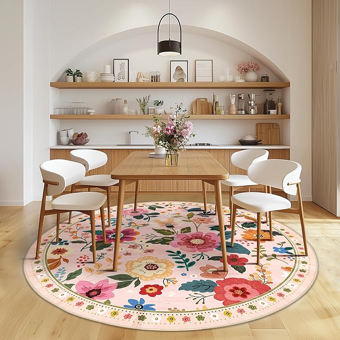RELEANY Floral Nursery 6ft Area Rugs Washable Print Boho Cute Carpet Non Slip Flower Low Pile for Living Room Kids Girls Playroom Bedroom Kitchen Office Farmhouse-Pink