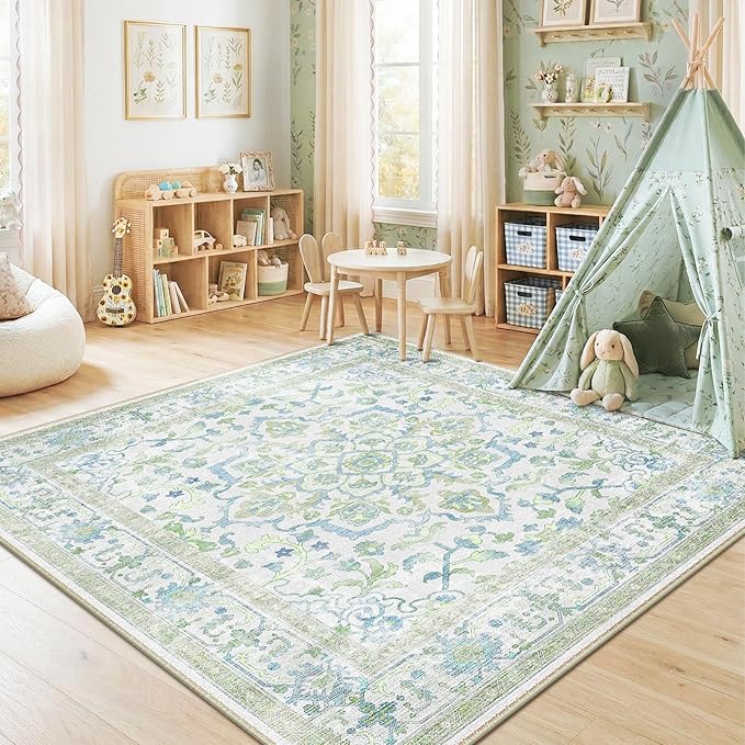 CAPALOCA Machine Washable Rugs Nursery Rug Sq8ft Cute Girl Non Slip Low Pile Water Repellent Soft Print Pattern for Bedroom Indoor Decor Kids Playroom Green Blue