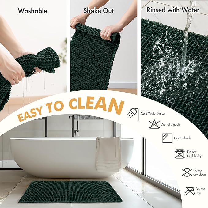 MIULEE Dark Green Set of 2 Waffle Bathroom Rugs, Boho Bath Rugs Non Slip Washable, Super Absorbent Bath Mats, Ultra Soft Rubber Backed Shower Mats for Bathroom Floor, Tub, 18x30 Inch