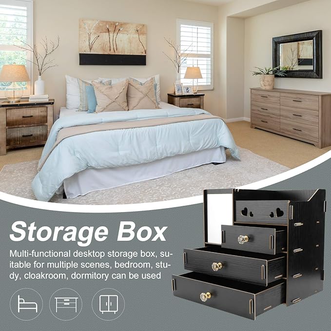 Cabilock Wooden Desk Cosmetic Organizer Rustic Makeup Storage Box with Drawer Mirror Countertop Makeup Case for Stationery Office Bathroom Dressing Table Black