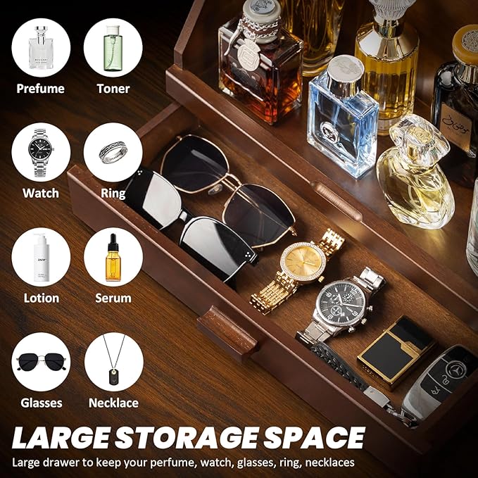 Miratino Cologne Organizer for Men, Wood Cologne Stand with Drawer, Large Capacity Cologne Shelf with Cologne Holder Display Large Storage Size15.6 * 11.8 * 6.1in