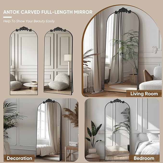 Antok Arched Full Length Mirror, 58"x18" Floor Mirror with Carved, Full Body Mirrors for HomeDecor, Standing/Halling Large Wall Mirror for Bedroom, Living Room, Cloakroom, Black, Retro Style