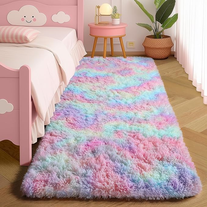Amdrebio Rainbow 2x6 Runner Area Rugs for Girls Bedroom Kids Room Decor, Pastel Colorful Bedside Rug for Nursery, Cute Unicorn Shaggy Rug for Baby Princess, Kawaii Fluffy Plush Carpet for Playroom