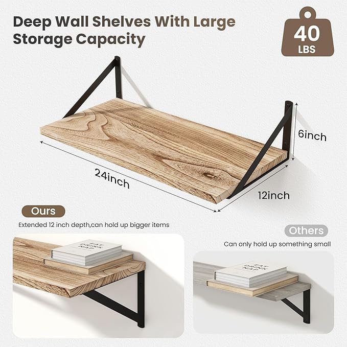 Marsmiles 12 Inch Deep Floating Shelves | 24 Inch Light Wood Wall Shelves Set of 2 - Rustic Wooden Floating Shelves for Living Room Bedroom Bathroom