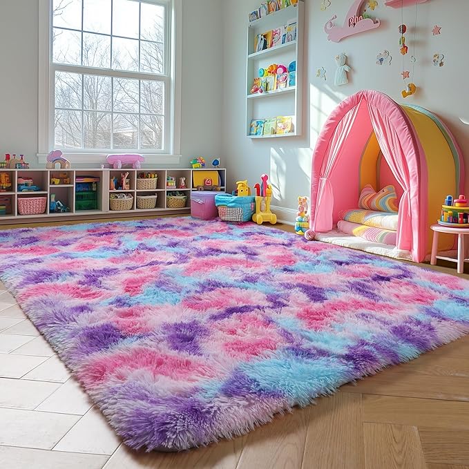 Amdrebio Hot Pink Rainbow Area Rug for Girls Room 4x6, Soft Fluffy Cute Fuzzy Colorful Kids Rugs for Bedroom Nursery Playroom Classroom, Shaggy Floor Princess Carpet for Baby Toddler Teen, Home Decor
