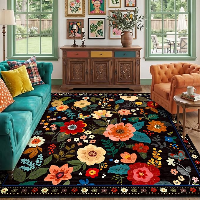 RELEANY Floral Nursery Square 8ft Area Rugs Washable Print Boho Cute Carpet Non Slip Flower Low Pile for Living Room Kids Girls Playroom Bedroom Kitchen Office Farmhouse-Black