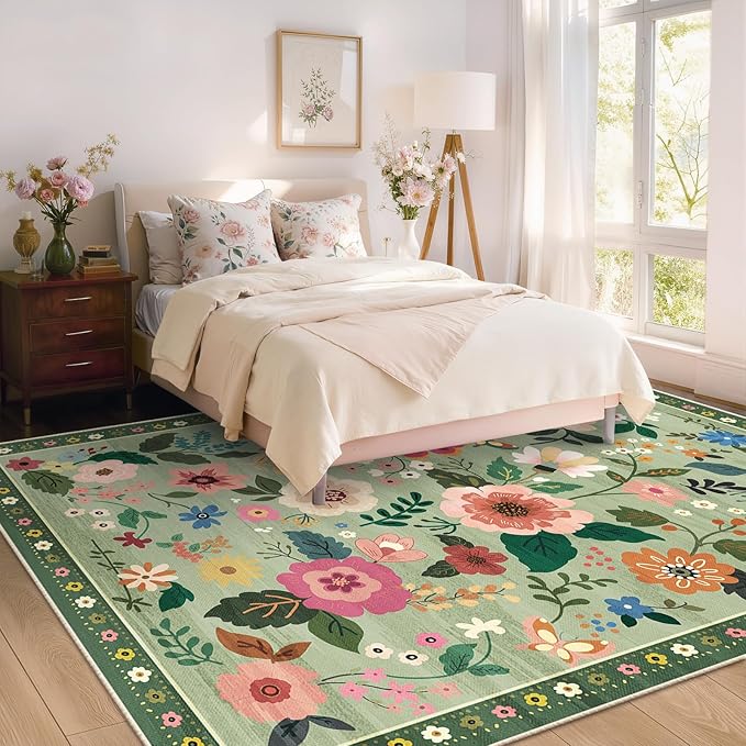 RELEANY Floral Nursery 8x10 Area Rugs Washable Print Boho Cute Carpet Non Slip Flower Low Pile for Living Room Kids Girls Playroom Bedroom Kitchen Office Farmhouse-Light Green