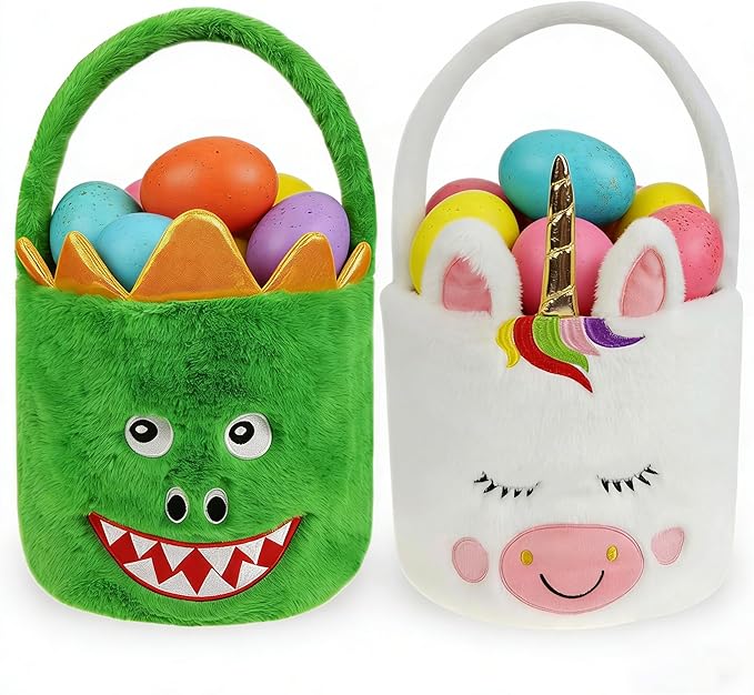 DearSun Set of 2pcs, Easter Basket Adorable Unicorn & Dinosaur Plush Baskets, Easter Egg Hunting Basket for Kids Gifts Party Decoration Supplies, Dia 8" * H 15.7"