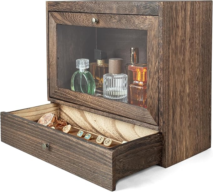 Wooden Cologne Organiser with Acrylic Display & Drawer,Vanity Storage Rack for Perfumes,Jewellery & Cosmetics,Cologne Display Stand for Men & Women,Bedroom and Bathroom Vanity Storage Amber