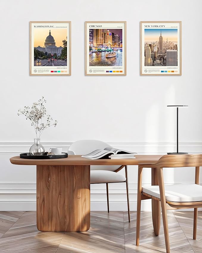 HesenDot Natural OAK Wood Chicago Framed Wall Art,12x16in Chicago River Cityscape Canvas Wall Print,Classic Urban Skyline Home Decor for Living Room Bedroom Office Gallery, Set of 1