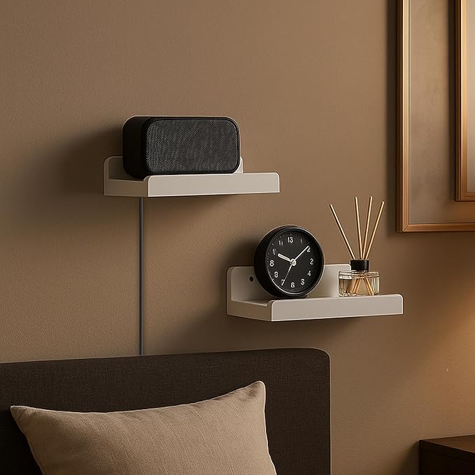 Floating Wall Shelves Set of 2, 12-Inch Solid Wood Shelves with Cable Holes, Small Display Shelf for Router, Webcam, Smart Speaker, Camera – White