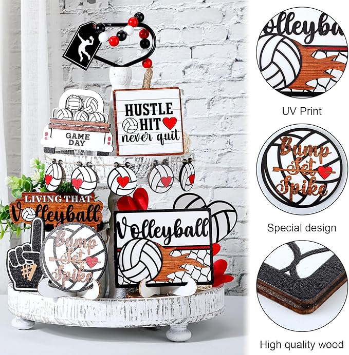 13 Pcs Volleyball Tiered Tray Decor Wooden Volleyball Table Centerpieces Decor Rustic Wooden Sport Game Sign for Fans Theme Party Supplies