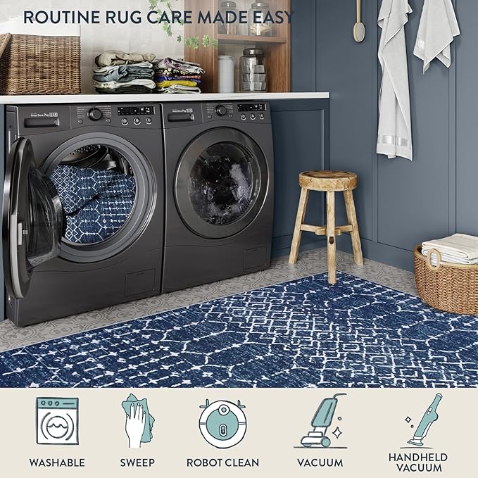 Lahome Moroccan Washable Area Rugs 6x9 Non-Slip Ultra-Thin Soft Living Room Carpet, Modern Geometric Print Stain Resistant Rug Carpet for Bedroom Dining Room Office, Blue Hana