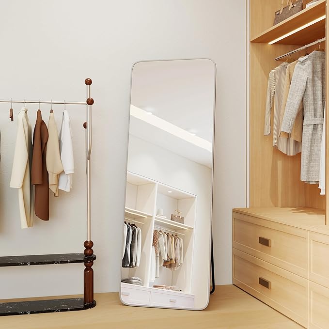 NARCISSUS 57x20 Mirror Door Hanging Full Length Body with Floor Stand or Wall Mounted Metal Aluminum Frame Tempered Glass Rectangle Mirrors for Bedroom Dressing Living Room Bathroom 57 inch Silver