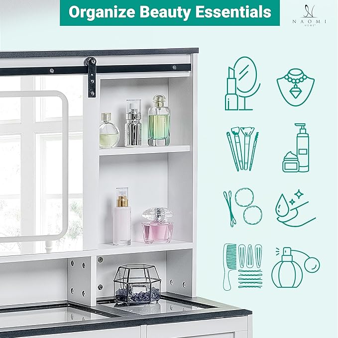 Naomi Home 47" Farmhouse Makeup Vanity with Sliding Mirror, Glass Top Organizer, 3-Color LED Lights, Charging Station, 5 Drawers, 2 Cabinets & Stool – White Dressing Table
