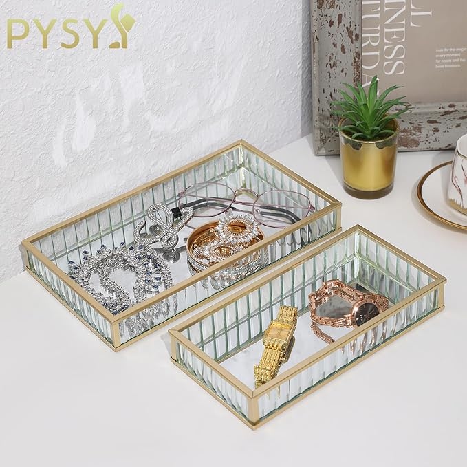 2pcs Mirror Storage Tray, Vertical Striped Glass Jewelry Storage Box, Perfume and Makeup Tray, Suitable for Dressing Tables, Bathrooms, and Bedrooms