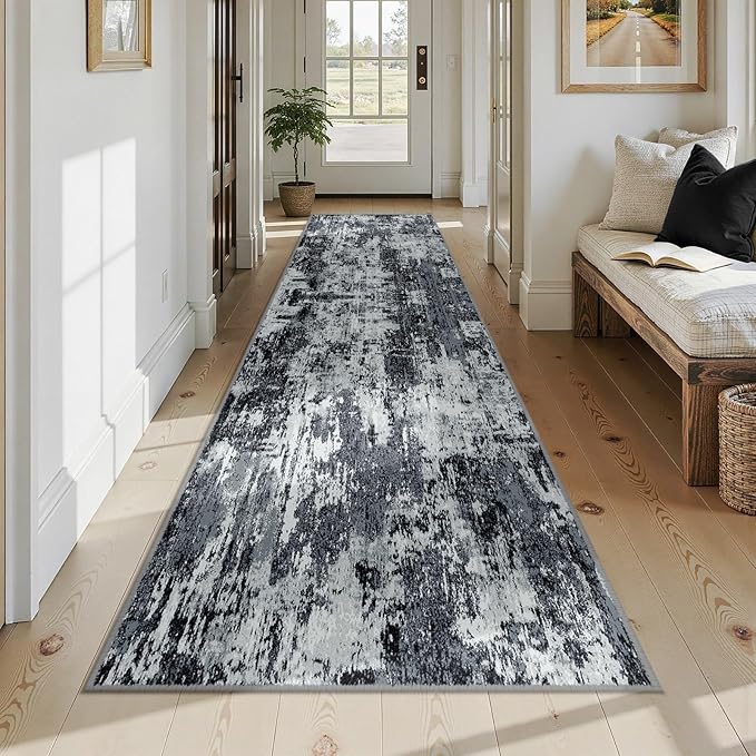 RELEANY Washable Area Rugs 3x12 Non-Slip Modern Abstract Soft for Living Room Entryway Bedroom Nursery, Print Pattern, Black Navy Blue Gray