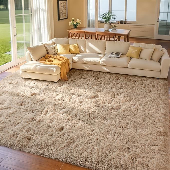 9x12 Area Rugs for Living Room Fluffy Neutral Beige,Modern Plush Non-Slip Soft Bedroom Shag Carpet for Book Room Office,Coffee Stain Resistant