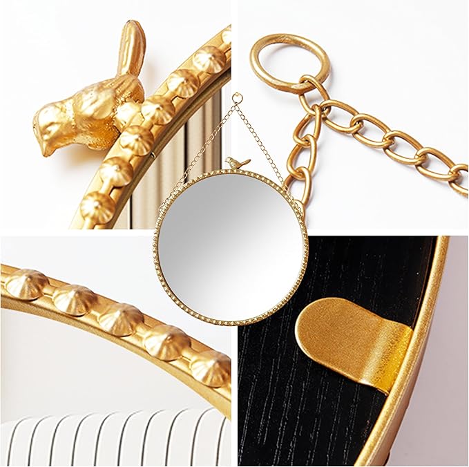 9.8 Inch Small Vintage Gold Round Wall Mirror with Sparrow Design-Iron Framed Mirror for Bathroom, Bedroom Or Dressing Room-Small Wall Mounted Mirror with Metal Bead Accents
