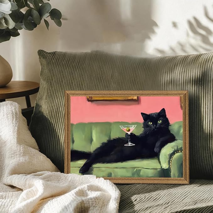 Fantasy Artists Humorous Black Cat Character Wall Art – Relaxed Anthropomorphic Illustration with Playful Attitude, Framed Canvas for Living Room, Office or Creative Space, 12W X 16H