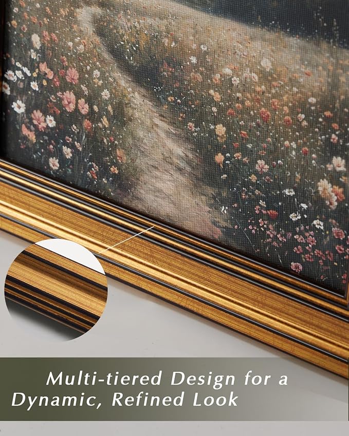 HUARCEY Gold Framed Canvas Wall Art, Antique Sketch Landscape Pictures Vintage Decor, Bedroom Kitchen Shelf Decor, Dark Moody Retro Country Farmhouse Canvas Paintings, 8x10inch