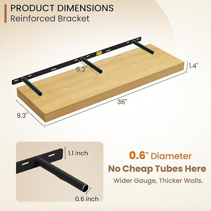 Fun Memories Floating Shelves 36 Inch Long, 9.3Inch Deep Floating Shelves for Wall, Extra Deeper & Thicker Wall Mounted Storage Shelf for Kitchen, Farmhouse, Oak, 2 Pack