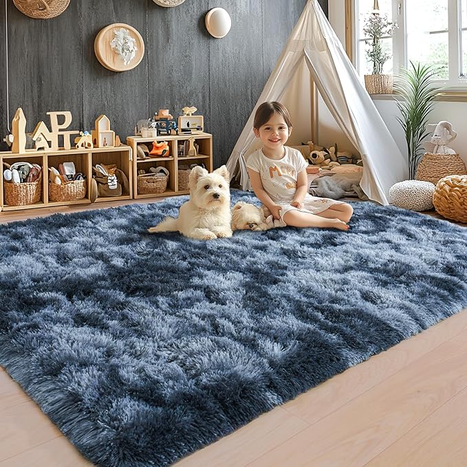 Area Rugs 9x12 for Living Room, Ultra Soft Fluffy Rugs for Bedroom, Non-Slip Furry Large Rug for Teen Girls and Boys,Nursery Kids Room Dorm Home Decor, High Pile Plush Floor Carpet, Tie-Dyed Blue Grey