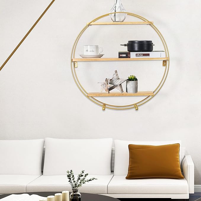 Joveco Round Wall Shelf Gold, 3 Tier Metal & Wood Circle Shelf Set, Round Shelves Wall Decor for Living Room,Bedroom,Bathroom (Gold)