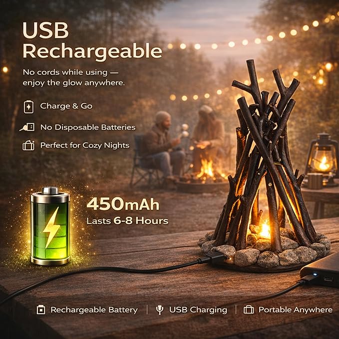 LED Night Light Wooden Campfire LED Dimmable Lamp with 3 Lighting Modes & Flame Sound, USB Powered Kids Nightlight & Desk Lamp for Bedroom, Office, and Relaxation, L
