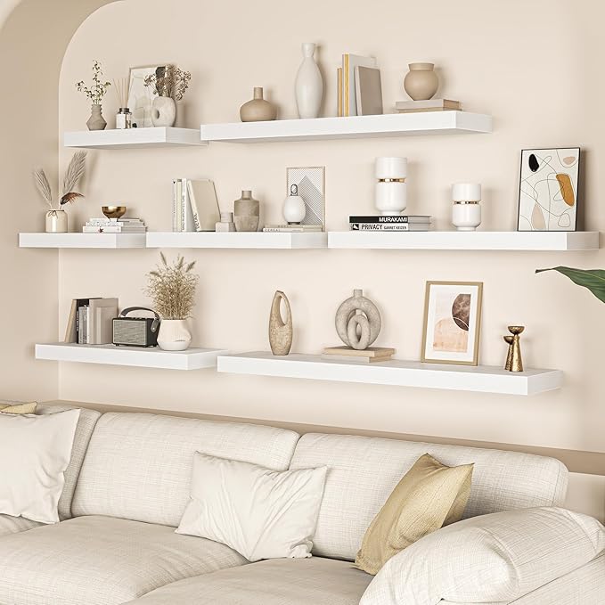 Fun Memories 72 Inch Floating Shelves, 12 Inch Deep Wall Shelf for Fireplace Mantel, White Deep Storage Shelves for Home & Office, Long Floating Shelf with Invisible Bracket, Set of 2