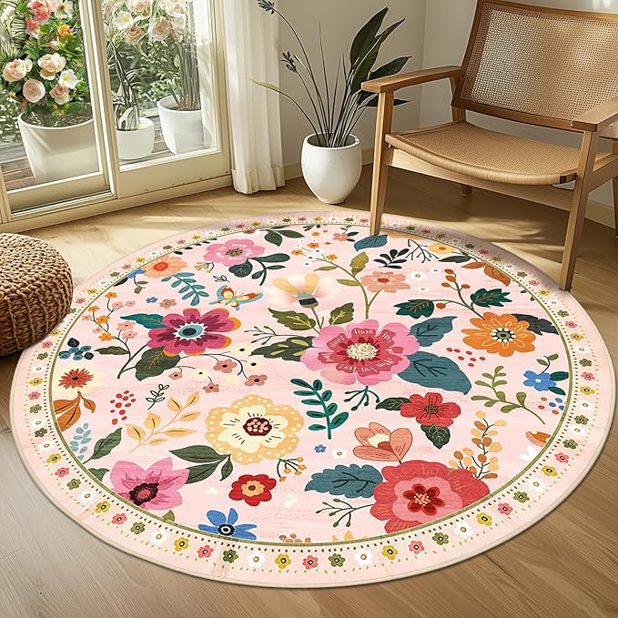 RELEANY Floral Nursery 4ft Area Rugs Washable Print Boho Cute Carpet Non Slip Flower Low Pile for Living Room Kids Girls Playroom Bedroom Kitchen Office Farmhouse-Pink