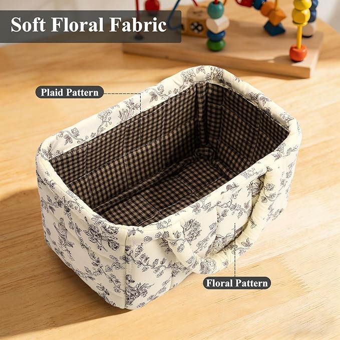 Small Storage Basket Organizer, Mini Fabric Floral Storage Baskets with Handle, Quilted Portable Collapsible Storage (Vine-Coffee)
