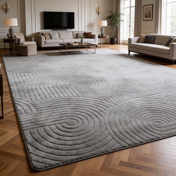 Grey 8x10 Solid Color Area Rugs – Washable Living Room Rug, Modern Geometric Non-Slip Indoor Carpet with Soft High-Low Pile, Fluffy Floor Rugs for Bedroom, Kids Room, Nursery, Home Décor