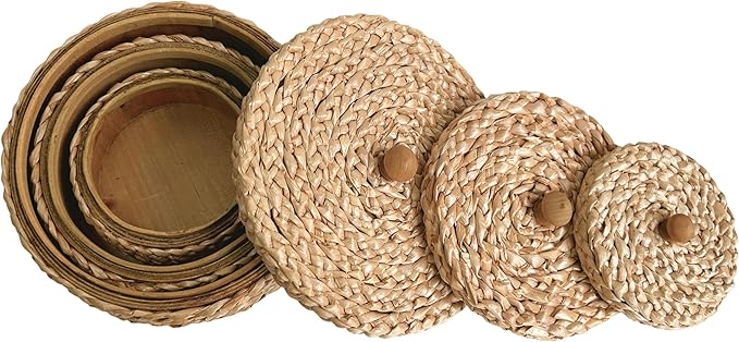 SOFE Round Rattan Storage Boxes with Lids Set of 3, Handwoven Wicker Basket, Small Baskets for Shelves, Boho Organizer Desk, Living Room Home Decoration