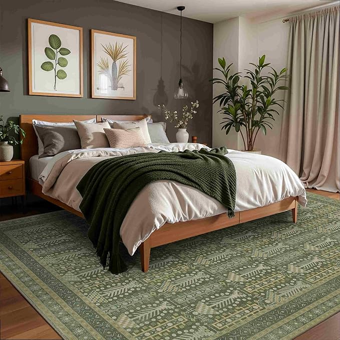 Rugxara 5x7 Washable Area Rugs for Bedroom & Living Room - Floral Boho Vintage Rug,Soft & Non-Slip,Low Pile Wool Carpet for Indoor Dining Room,Girls Room,Nursery Room and Kids Room(Olive Green)