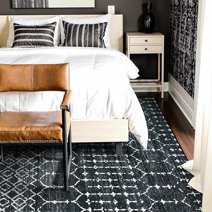 Lahome Moroccan Black Area Rugs 8x10 Living Room Non-Slip Backing Ultra-Thin Large Rug Throw Stain Resistant Dining Room Rugs for Under Table, Geometric Print Modren Soft Rug for Bedroom Office Hana